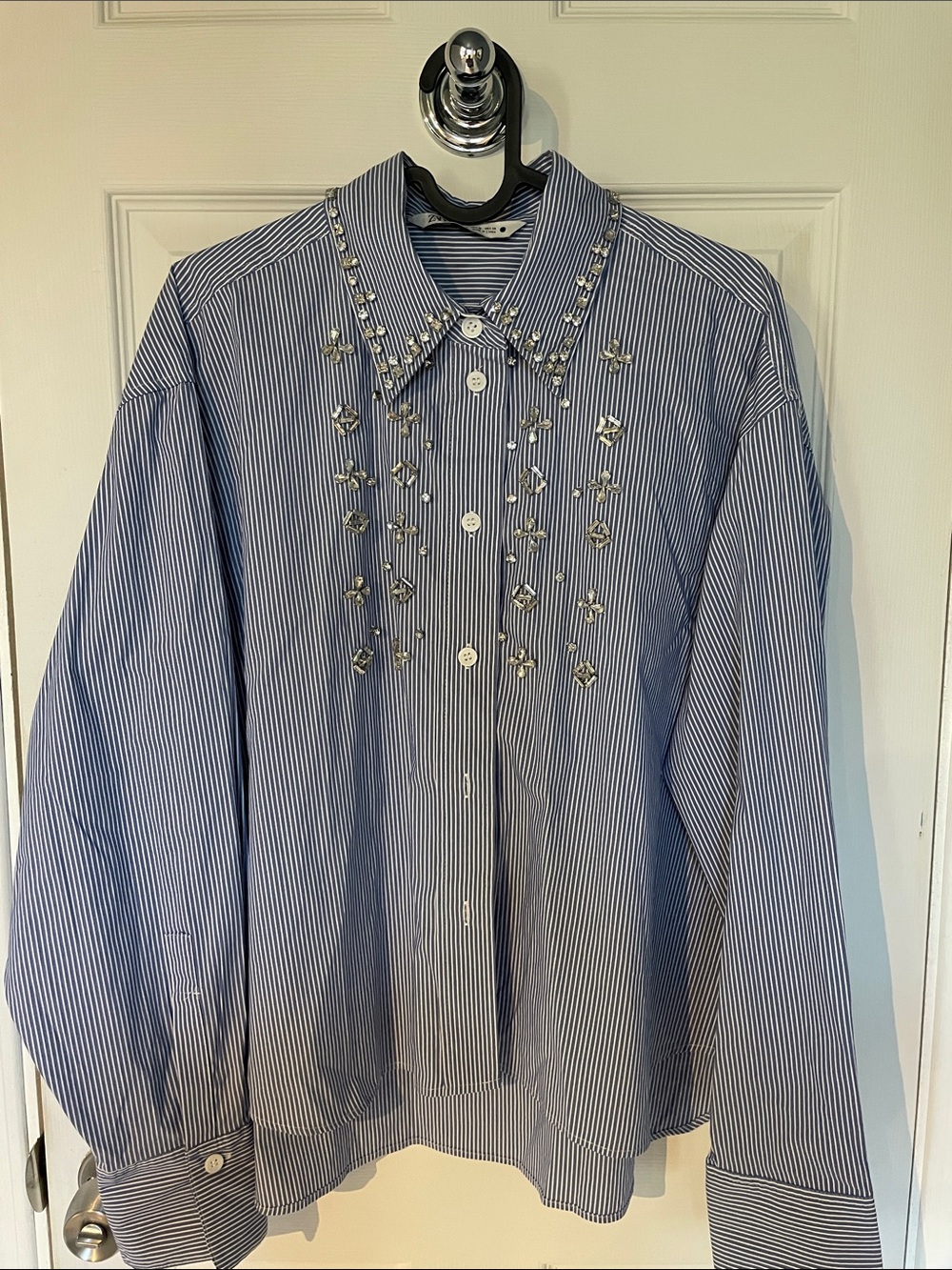 Zara Blue and White Pinstripe Button-Up Shirt with Stud Embellishments